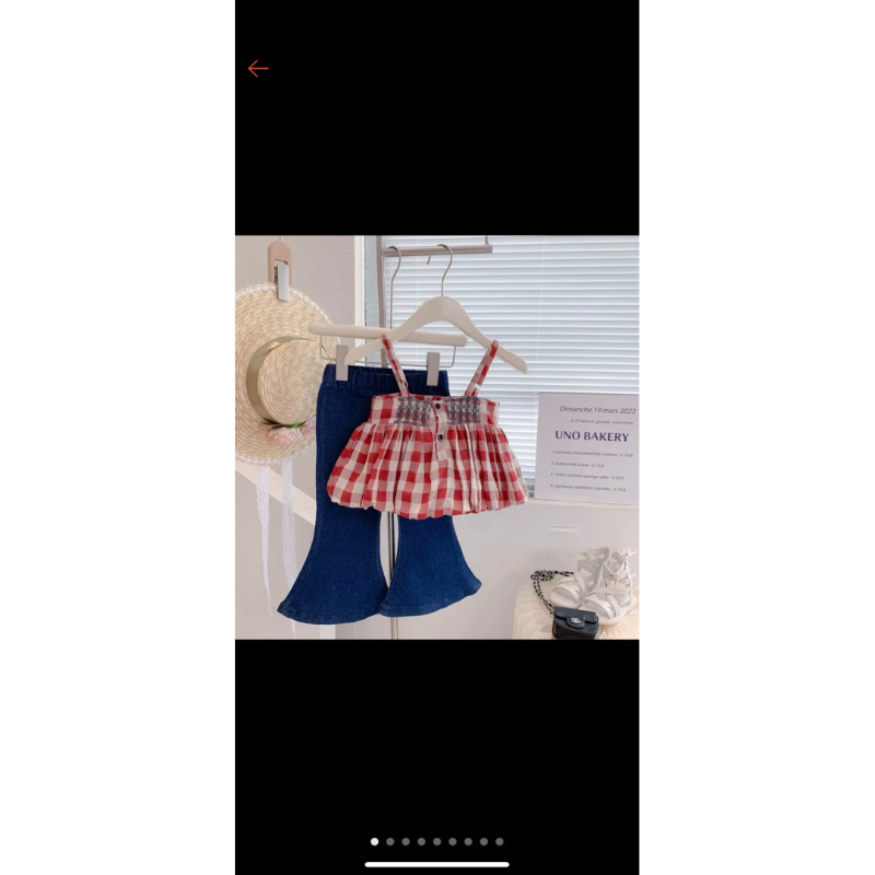 Sét 2 dây áo caro quần ống loe bé gái