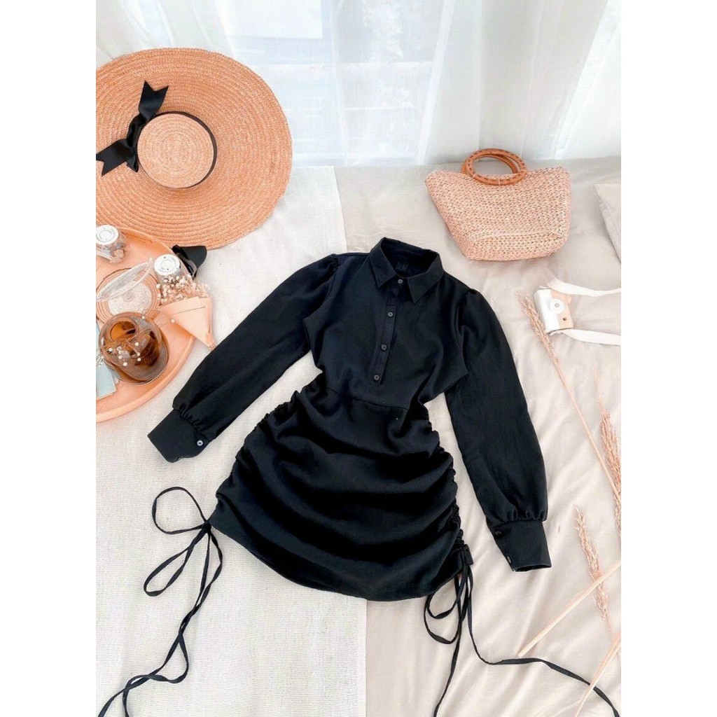 Đầm sơ mi tay dài rút hông 2 bên trắng đen siêu hot, đầm body nhún eo cổ sơ mi đi tiệc, dạo phố  cực tôn dáng mtb