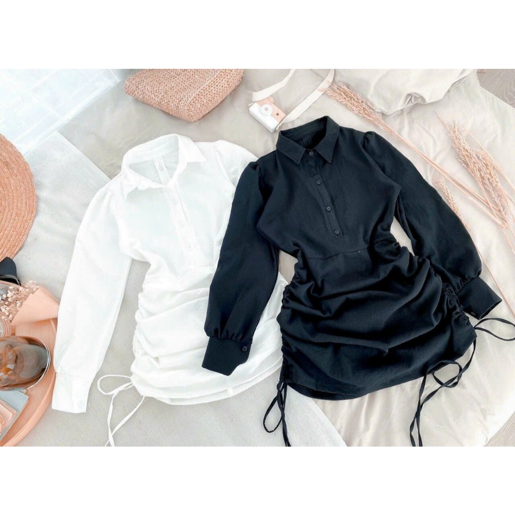 Đầm sơ mi tay dài rút hông 2 bên trắng đen siêu hot, đầm body nhún eo cổ sơ mi đi tiệc, dạo phố  cực tôn dáng mtb