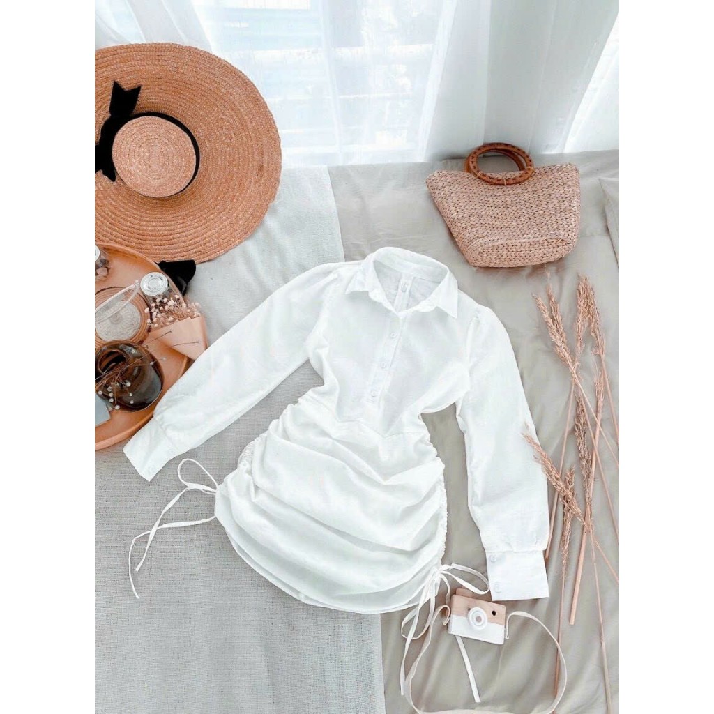 Đầm sơ mi tay dài rút hông 2 bên trắng đen siêu hot, đầm body nhún eo cổ sơ mi đi tiệc, dạo phố  cực tôn dáng mtb