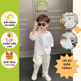 Bộ sơ mi dài tay màu trắng cho bé trai, set sơ mi thô quần kaki dài cho bé Leemon