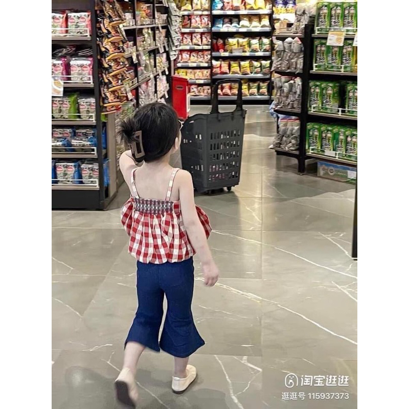 Sét 2 dây áo caro quần ống loe bé gái