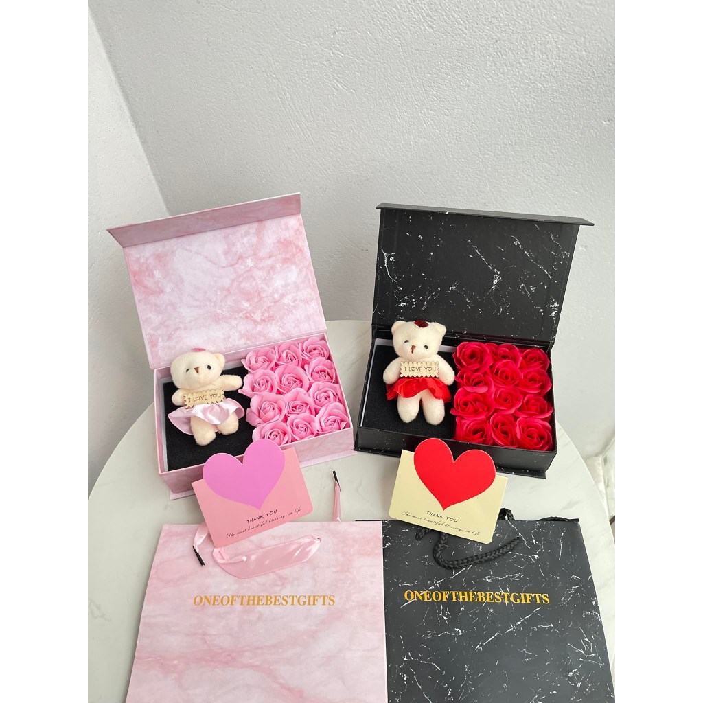 Hộp Vân Đá 12 Bông + Gấu, Son, Socola