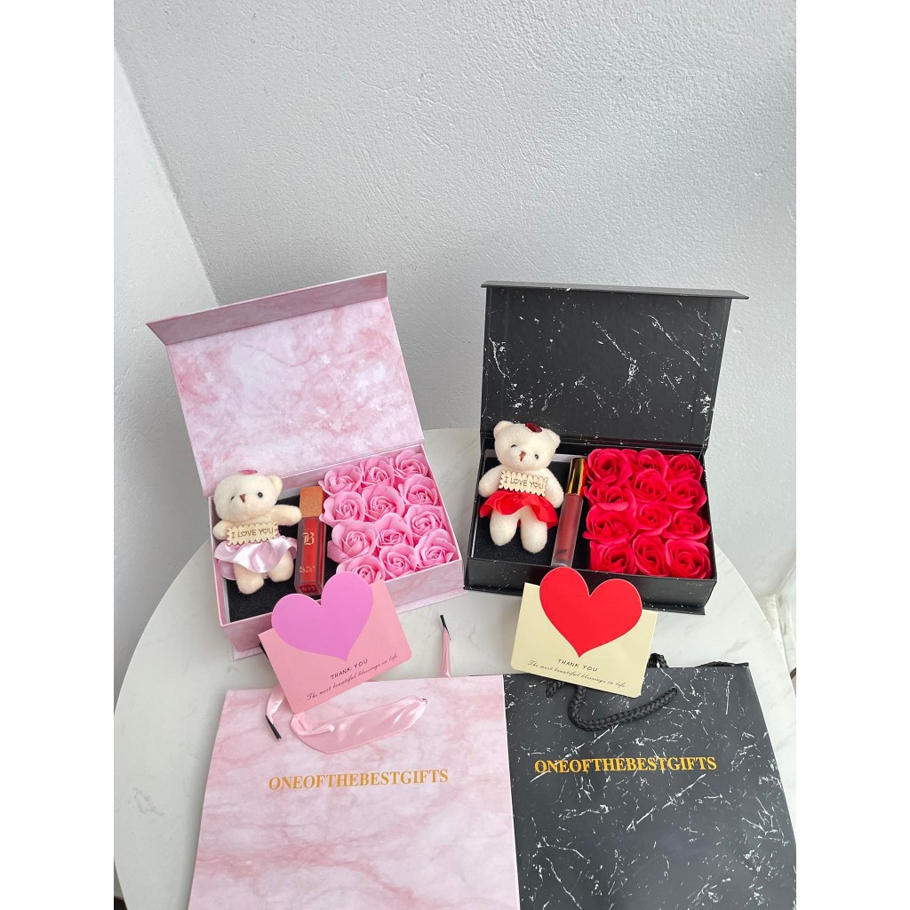 Hộp Vân Đá 12 Bông + Gấu, Son, Socola