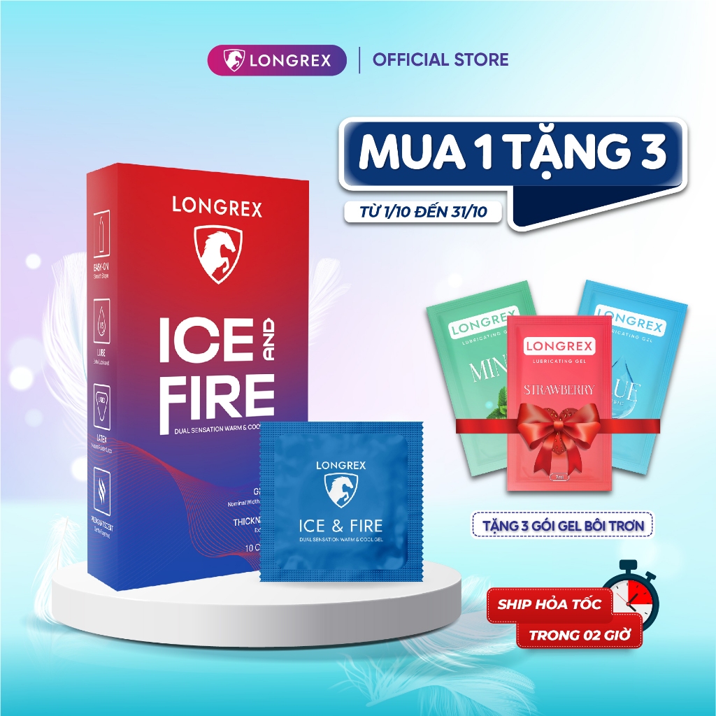 Bao cao su Longrex Ice-fire siêu mỏng, nhiều gel bôi trơn tạo cảm giác mát lạnh,ấm nóng, hương vani size 52mm mã LR008