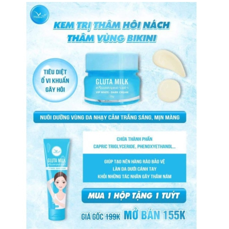 Kem thâm nách Gluta Milk Thái Lan giảm thâm, bẹn ngăn mùi hiệu quả Mua 1 tặng 1