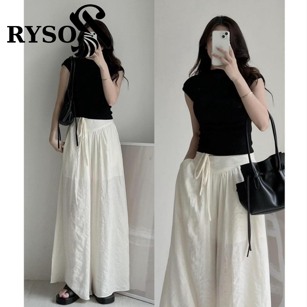 Quần đũi ống rộng nữ RYSO FASHION dáng suông lưng cao dây thắt nơ túi trước vải đũi mềm dày dặn dáng culottes dài xoè