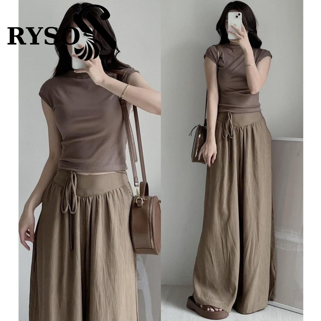 Quần đũi ống rộng nữ RYSO FASHION dáng suông lưng cao dây thắt nơ túi trước vải đũi mềm dày dặn dáng culottes dài xoè