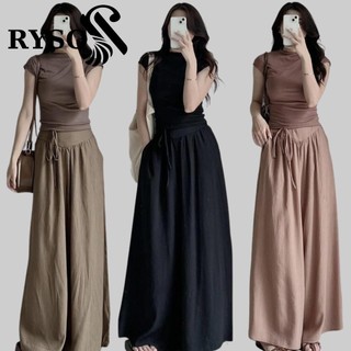 Quần đũi ống rộng nữ RYSO FASHION dáng suông lưng cao dây thắt nơ túi trước vải đũi mềm dày dặn dáng culottes dài xoè