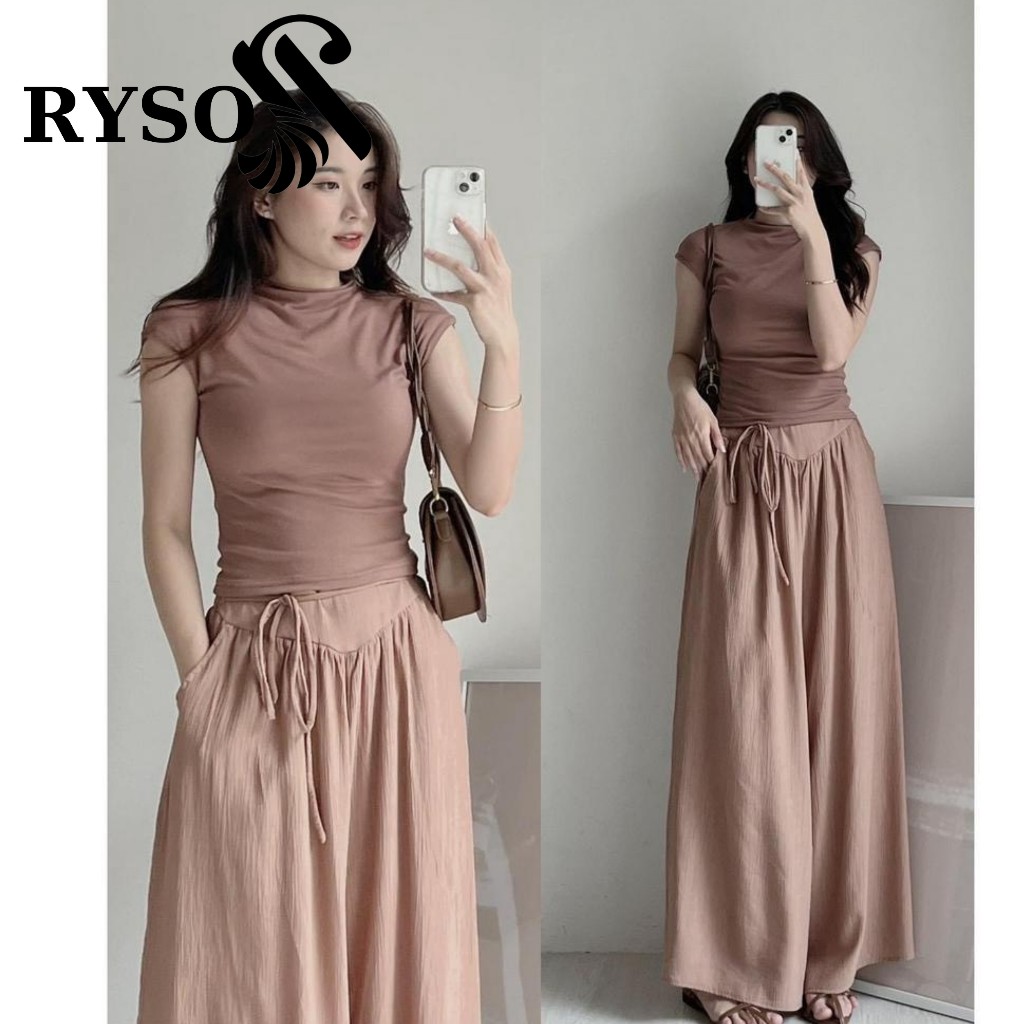 Quần đũi ống rộng nữ RYSO FASHION dáng suông lưng cao dây thắt nơ túi trước vải đũi mềm dày dặn dáng culottes dài xoè