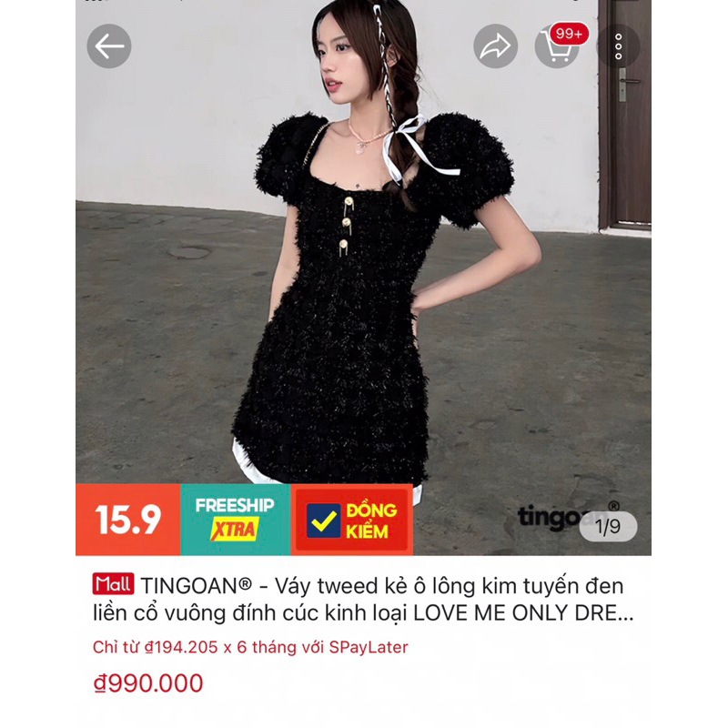 Pass nhanh TINGOAN- Váy tweed kẻ ô lông kim tuyến đen  LOVE ME ONLY DRESS/BL newtag S giá:990k