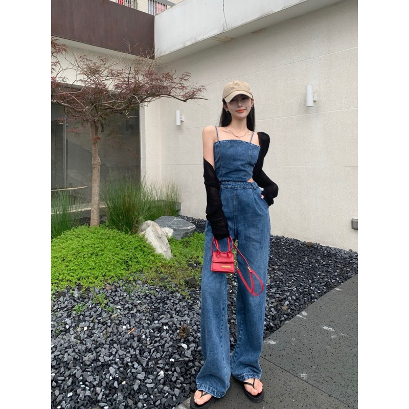 Jumsuit jean dài cut lưng size SL