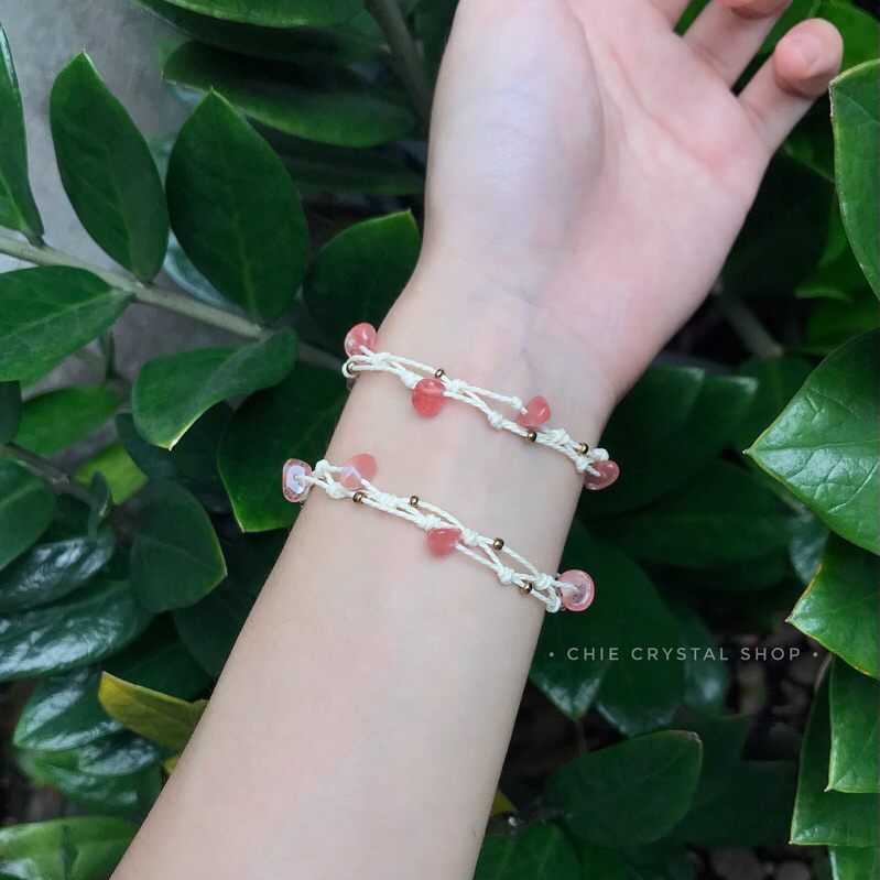 Vòng tay Aqua, Peri.dot , Strawberry Quartz dâu tây phối hạt cườm may mắn