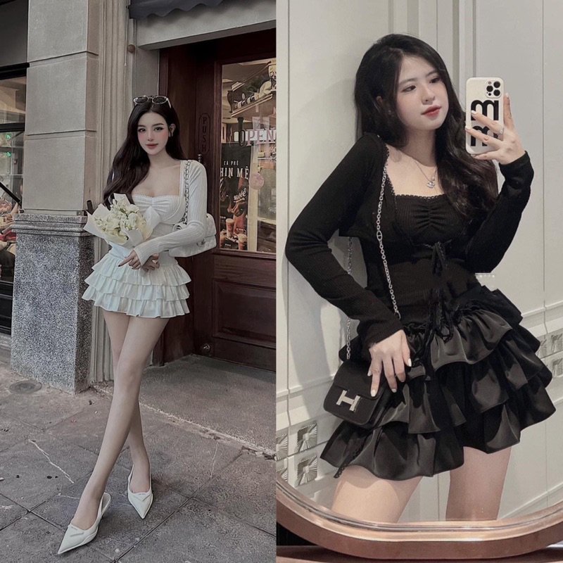 Bigsize Set 3 món hot tiểu thư áo cúp mix chân váy bèo tầng có kèm áo khoác 55-95kg