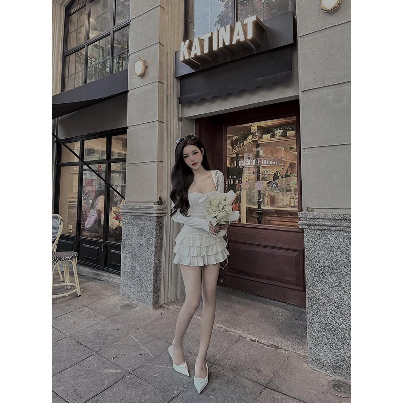 Bigsize Set 3 món hot tiểu thư áo cúp mix chân váy bèo tầng có kèm áo khoác 55-95kg