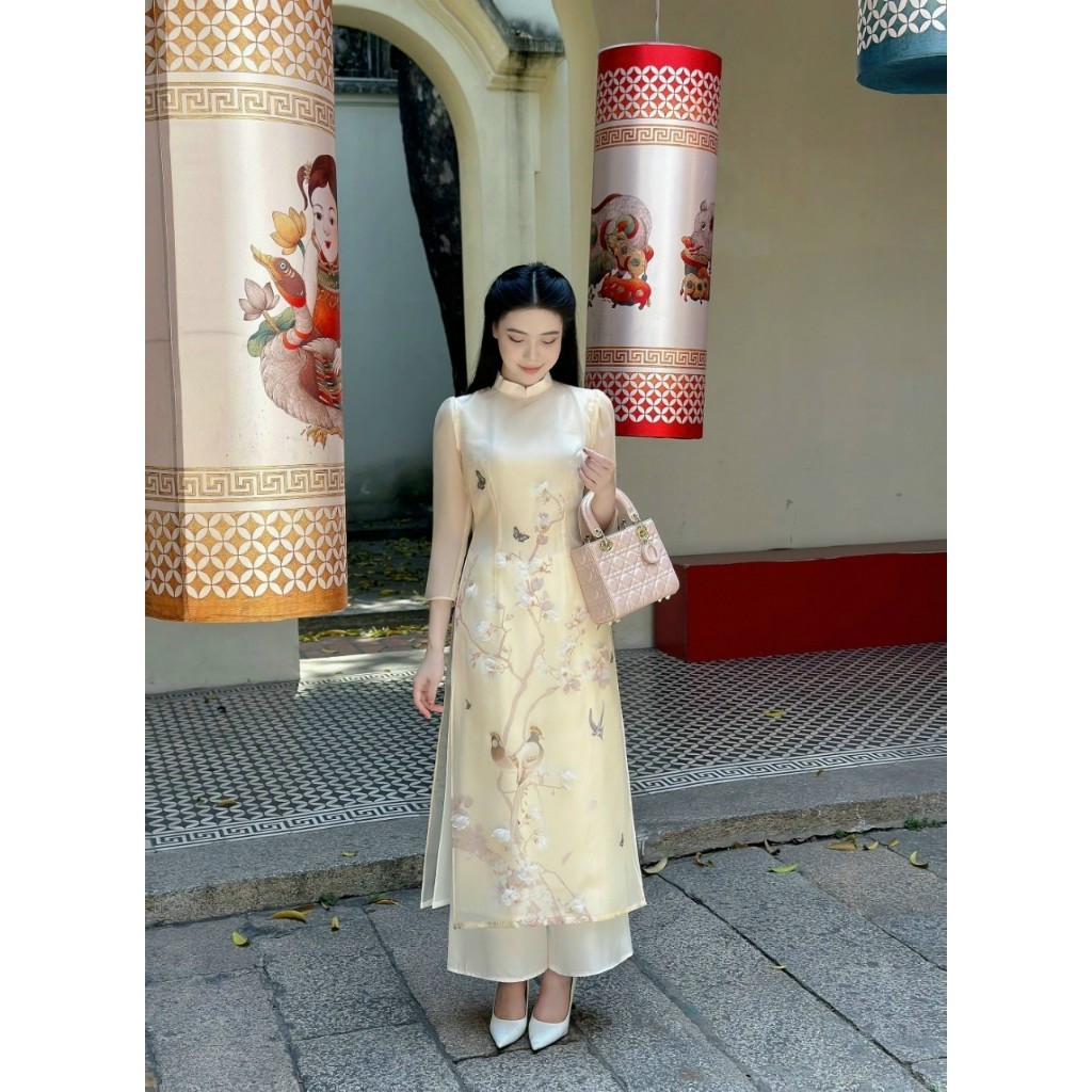 Áo dài nữ cách tân màu be dịu dàng chất tơ óng - Áo dài thiết kế Linh Đan - HN33