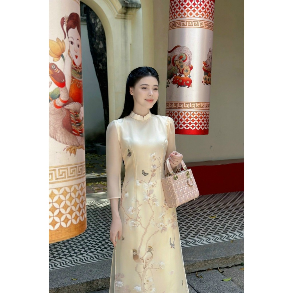 Áo dài nữ cách tân màu be dịu dàng chất tơ óng - Áo dài thiết kế Linh Đan - HN33