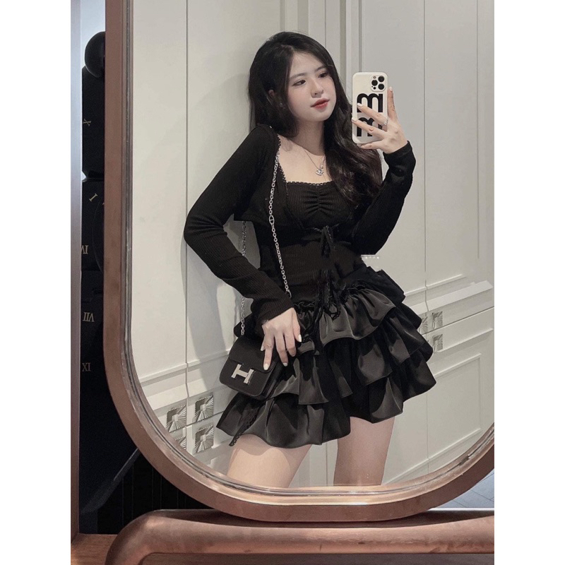 Bigsize Set 3 món hot tiểu thư áo cúp mix chân váy bèo tầng có kèm áo khoác 55-95kg