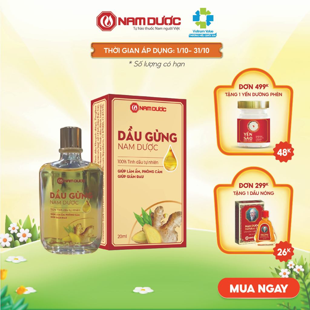 Dầu gừng Nam Dược lọ 20ml giúp làm ấm, phòng cảm lạnh, cảm cúm, giúp giảm đau xương khớp, nhức đầu, phòng say xe