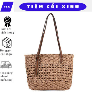Túi cói nhỏ đeo vai dây da lệch có khoá kéo đan họa tiết thân túi Tiệm Cói Xinh