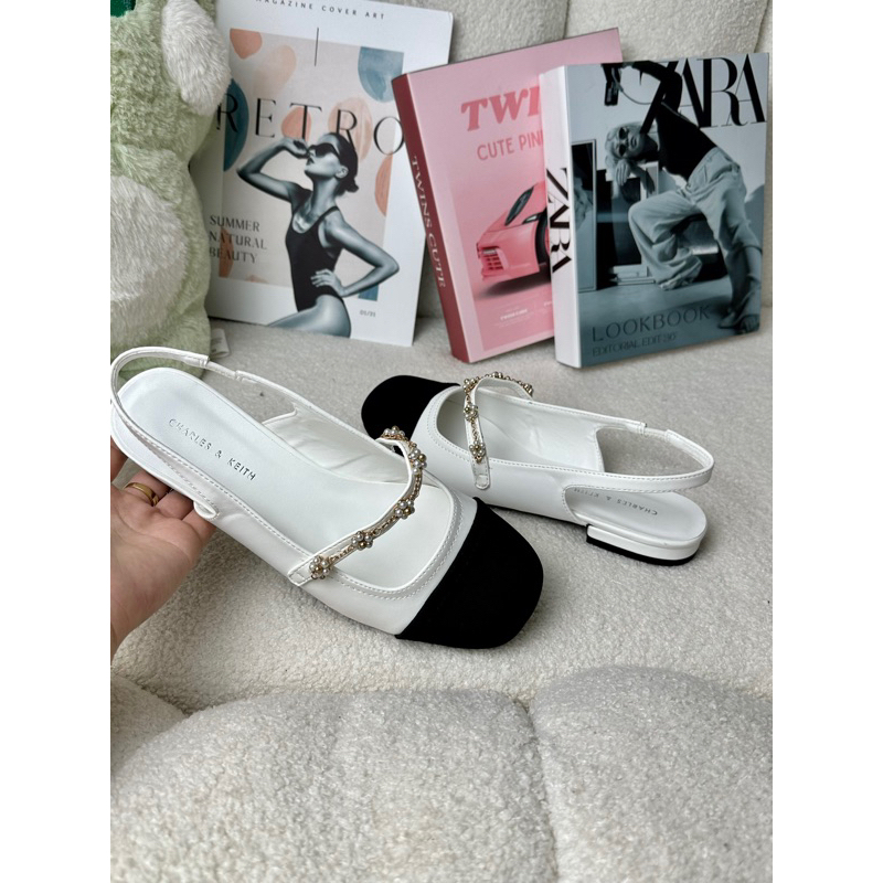 Giày sandal búp bê Cnk đế bằng 2cm hở gót mũi tròn phối dải dây hoa phong cách dịu dàng hàng Fullbox mới 2023 G07