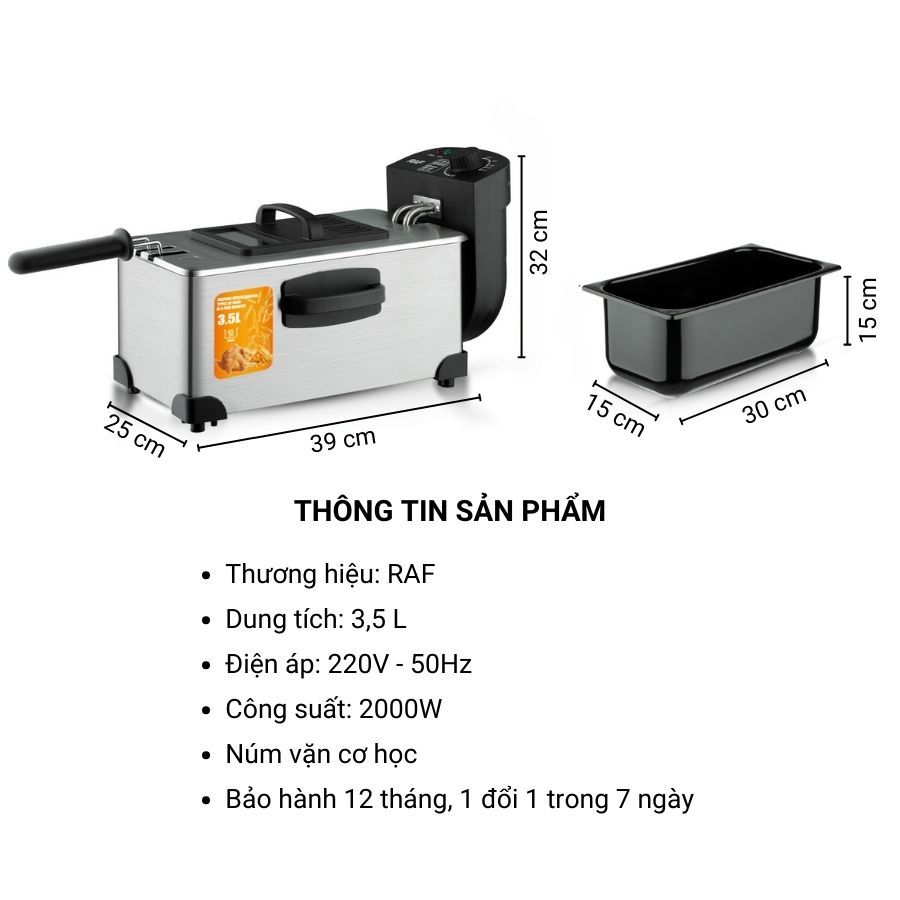 Bếp chiên nhúng điện nồi chiên ngập dầu dung tích 3.5L bằng thép không gỉ BẢO HÀNH 12 THÁNG