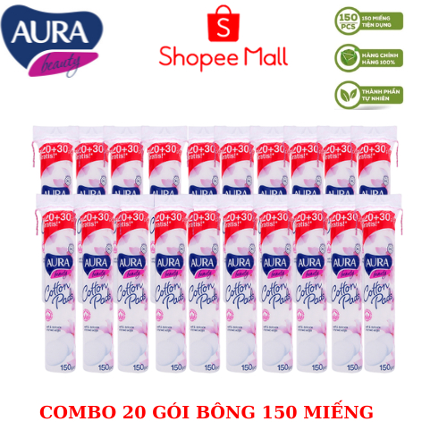 [Tặng 1 mặt nạ Sambijo] Combo 20 gói bông tẩy trang Aura Beauty mềm mịn 120+30 miếng ( 20 gói * 150 miếng)