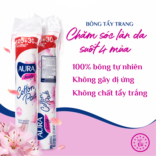 [Tặng 1 mặt nạ Sambijo] Combo 20 gói bông tẩy trang Aura Beauty mềm mịn 120+30 miếng ( 20 gói * 150 miếng)