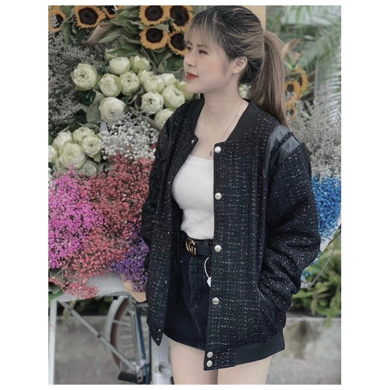 Áo khoác dạ tweed nhũ full ảnh thật - dáng Teddy kim tuyến phối da 2 vai