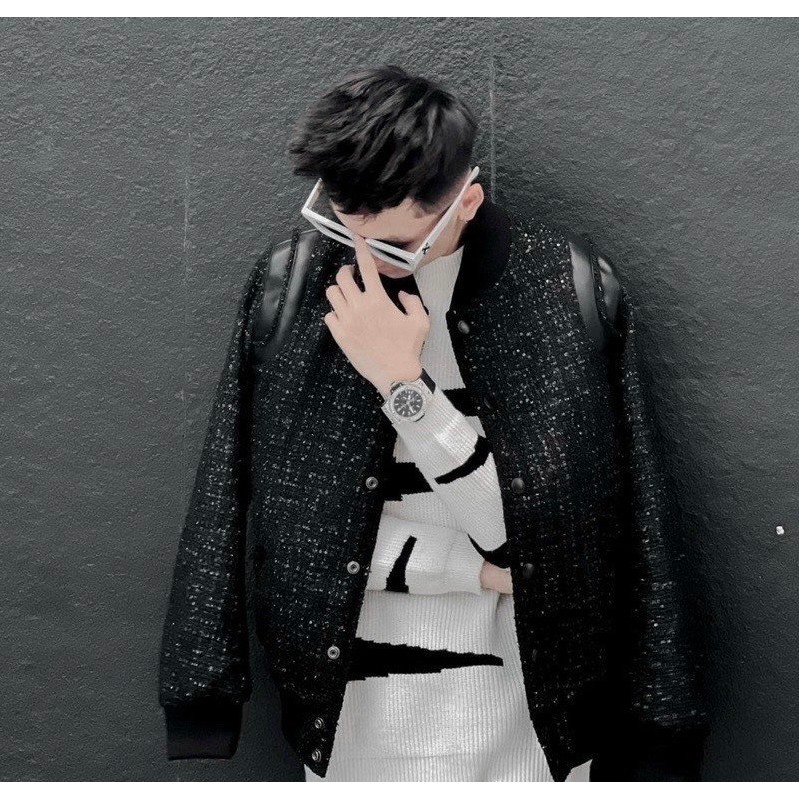 Áo khoác dạ tweed nhũ full ảnh thật - dáng Teddy kim tuyến phối da 2 vai