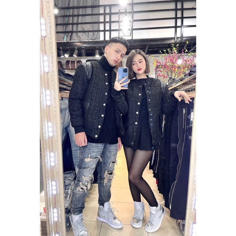Áo khoác dạ tweed nhũ full ảnh thật - dáng Teddy kim tuyến phối da 2 vai