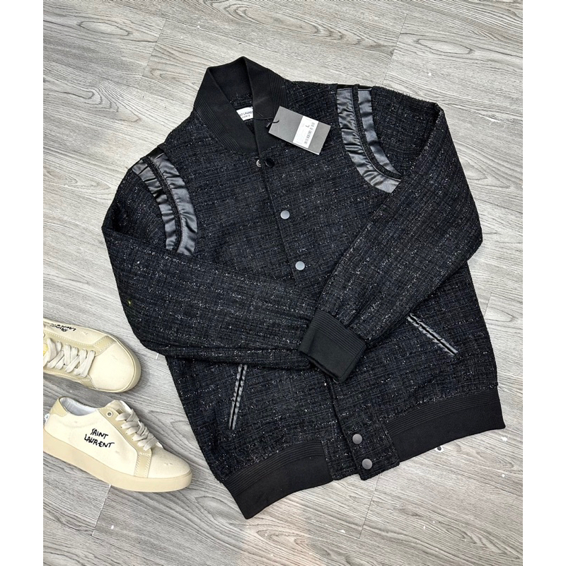 Áo khoác dạ tweed nhũ full ảnh thật - dáng Teddy kim tuyến phối da 2 vai