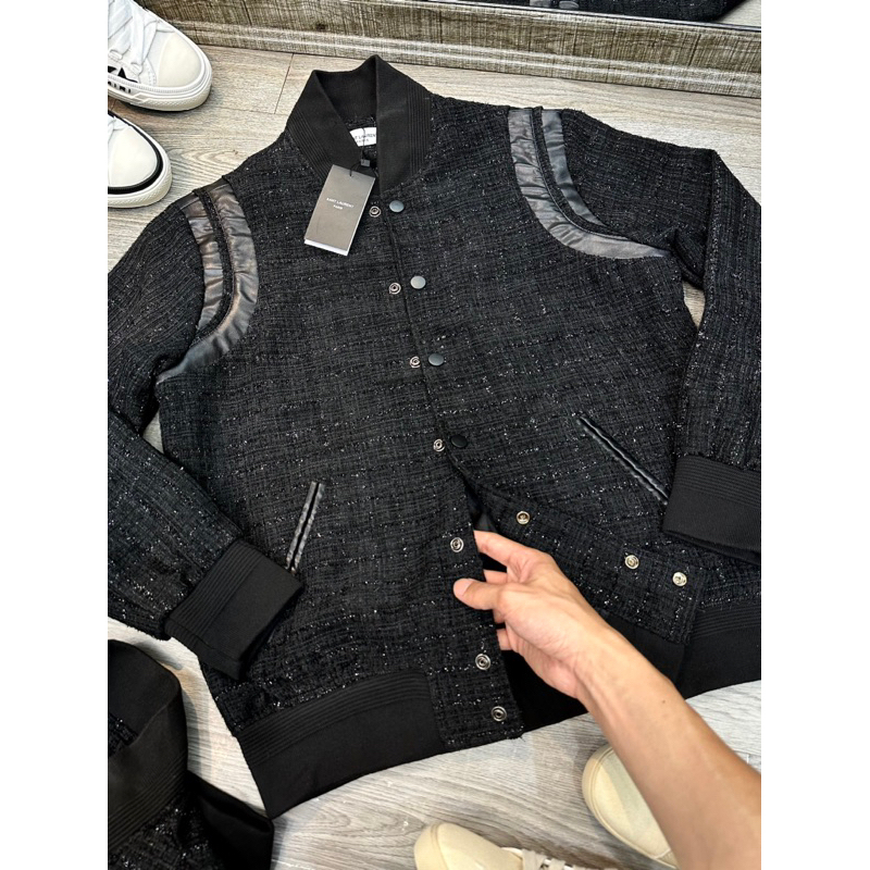 Áo khoác dạ tweed nhũ full ảnh thật - dáng Teddy kim tuyến phối da 2 vai