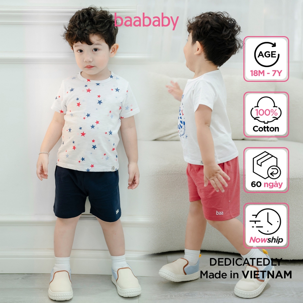 Đồ bộ cho bé trai, bé gái ngắn tay in họa tiết ,set đồ bộ cotton cho bé từ 1-7 tuổi Baa Baby - BT-DB10N