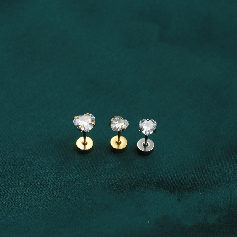 KHuyên titan đá tim thanh xỏ siêu mỏng chân dẹt