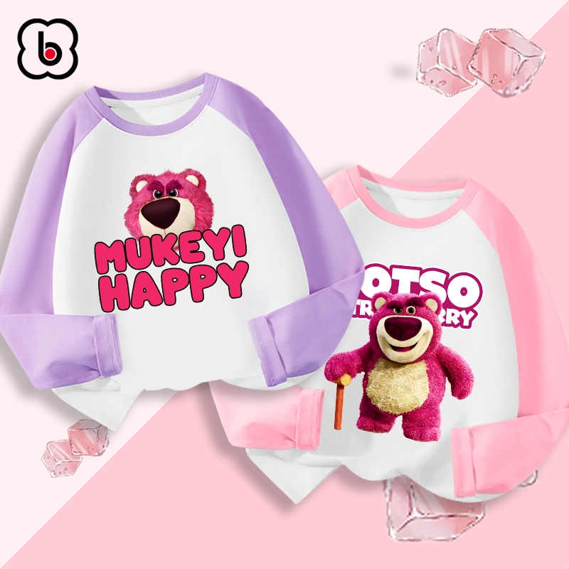 Áo dài tay cho bé gái BabyloveGO mẫu mới 2024 áo thun thu đông cổ tròn phối màu in hình gấu Lotso dễ thương