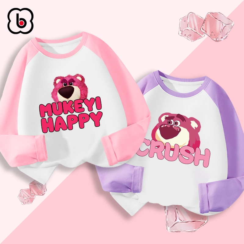 Áo dài tay cho bé gái BabyloveGO mẫu mới 2024 áo thun thu đông cổ tròn phối màu in hình gấu Lotso dễ thương