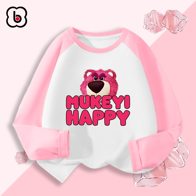 Áo dài tay cho bé gái BabyloveGO mẫu mới 2024 áo thun thu đông cổ tròn phối màu in hình gấu Lotso dễ thương