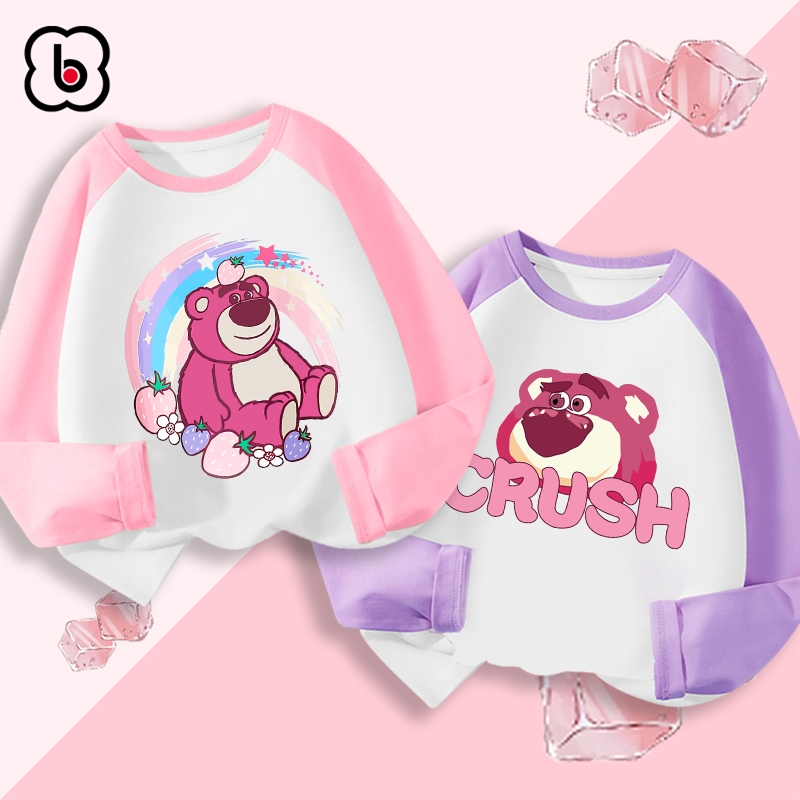 Áo dài tay cho bé gái BabyloveGO mẫu mới 2024 áo thun thu đông cổ tròn phối màu in hình gấu Lotso dễ thương