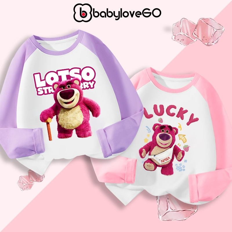 Áo dài tay cho bé gái BabyloveGO mẫu mới 2024 áo thun thu đông cổ tròn phối màu in hình gấu Lotso dễ thương