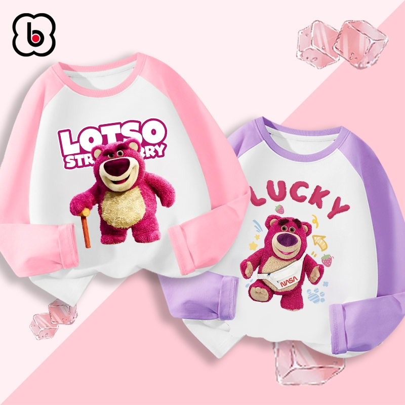 Áo dài tay cho bé gái BabyloveGO mẫu mới 2024 áo thun thu đông cổ tròn phối màu in hình gấu Lotso dễ thương