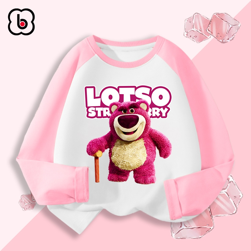 Áo dài tay cho bé gái BabyloveGO mẫu mới 2024 áo thun thu đông cổ tròn phối màu in hình gấu Lotso dễ thương