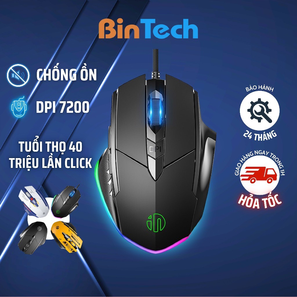 Chuột máy tính gaming chơi game BINTECH Inphic P1W bản có dây và không dây tắt âm silent 7200 DPI Led RGB – Chính hãng