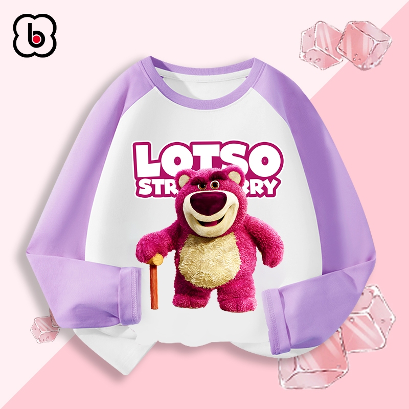 Áo dài tay cho bé gái BabyloveGO mẫu mới 2024 áo thun thu đông cổ tròn phối màu in hình gấu Lotso dễ thương