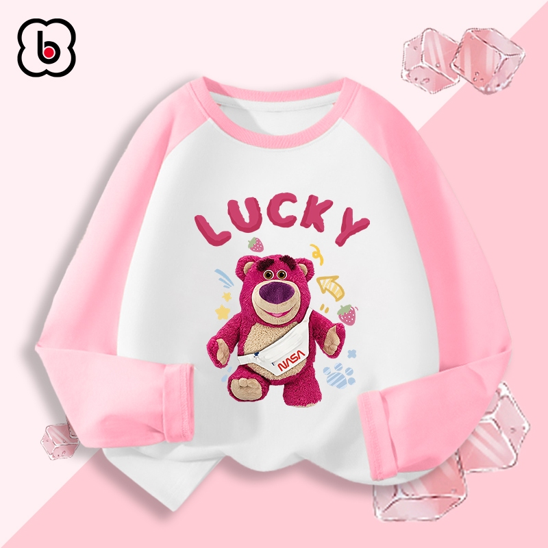 Áo dài tay cho bé gái BabyloveGO mẫu mới 2024 áo thun thu đông cổ tròn phối màu in hình gấu Lotso dễ thương