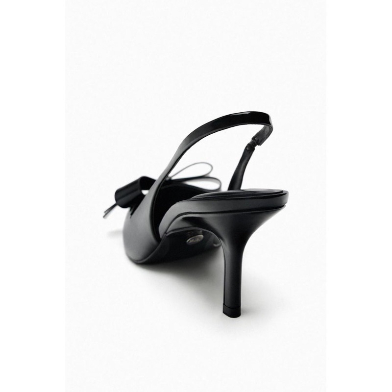 Giày sandal cao gót Zr đen bóng đính nơ mũi nhọn đế cao 8cm phong cách cá tính dễ phối đồ fullbox