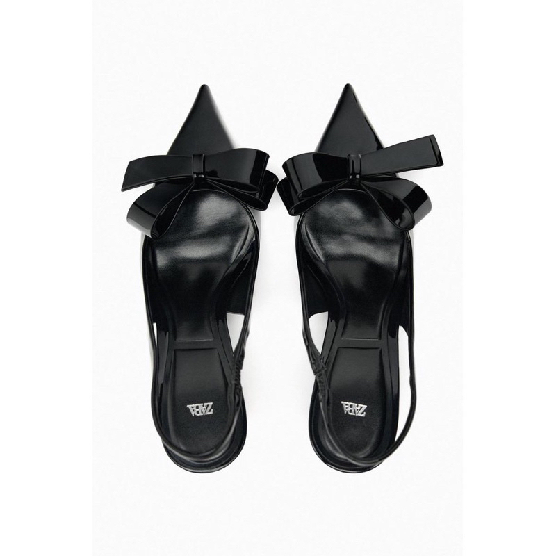 Giày sandal cao gót Zr đen bóng đính nơ mũi nhọn đế cao 8cm phong cách cá tính dễ phối đồ fullbox