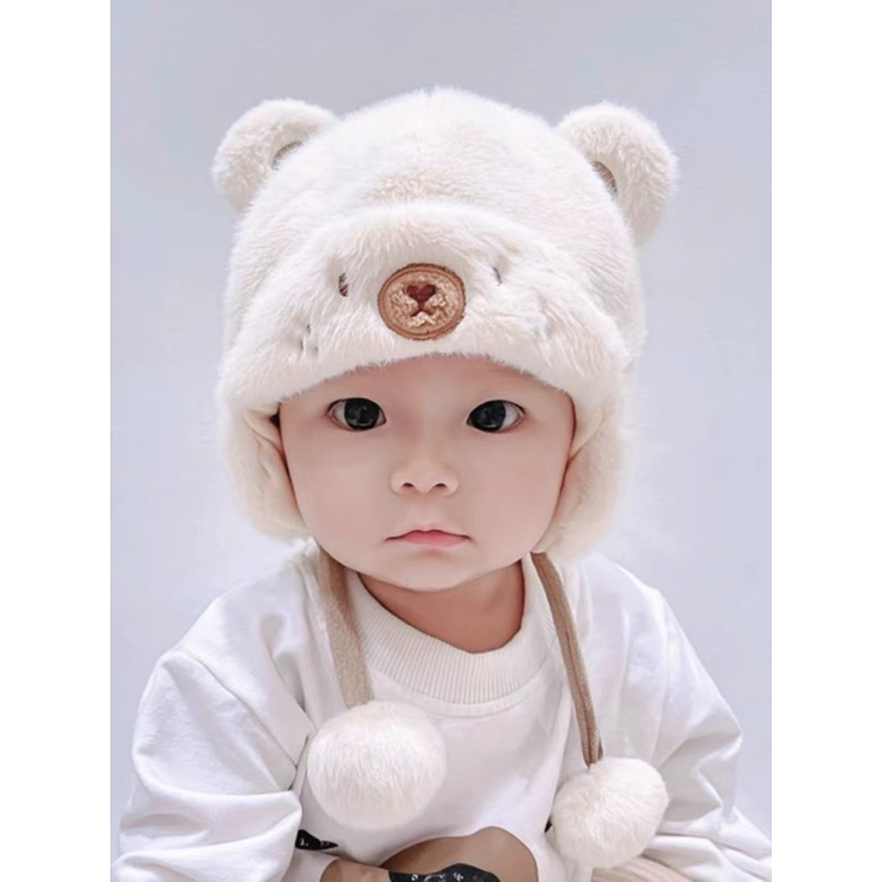 Mũ len cho bé trai bé gái lông vũ dây quả bông tai nơ mịn , phù hợp 1-4 tuổi