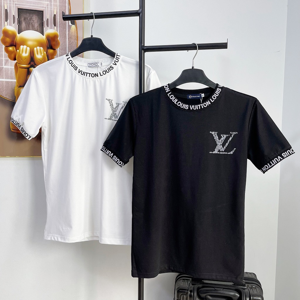 Áo thun nam nữ cổ tròn tay ngắn phối dây cổ in logo LV, TIMOTY,  áo chất cotton thoáng mát thời trang hot trend giá tốt.