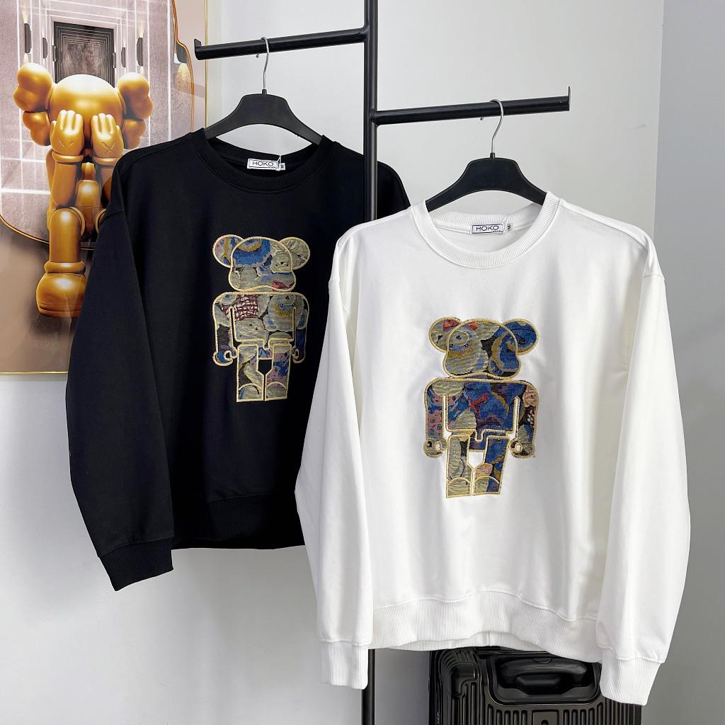 Áo sweater, áo nỉ dài tay thu đông form rộng thêu gấu xanh bear, chất vải nỉ da cá giữ ấm tốt, thời trang đôi nam nữ